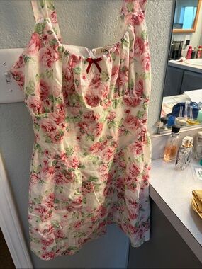 liberty Pink Rose Print Girls' Sundress with Green Leaves